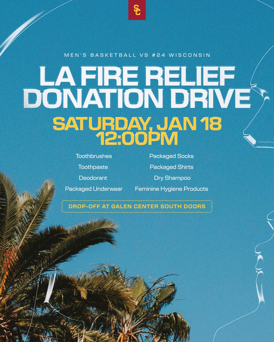Trojan Family, come enjoy some hoops and help us support LA wildfire relief!

Drop off donations at Galen Center's south doors on Saturday before watching us take on No. 24 Wisconsin at 12 pm!

INFO ⤵️