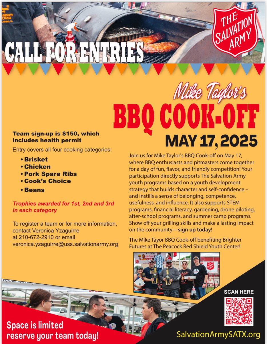 BradMayhar's tweet photo. Like to grill?  Register your cooking team TODAY for @MikeTaylorShow BBQ on May 17, benefiting @salarmysatx Peacock Youth Center.  210-672-2910 or https://t.co/4t5PuyXEim
@edbermea @hecsanchez22 @TexMexFrank @cdlampkins @AJGarcia86 @hutcheyesun @TobyDeLuna22 https://t.co/U0nE7I61gD
