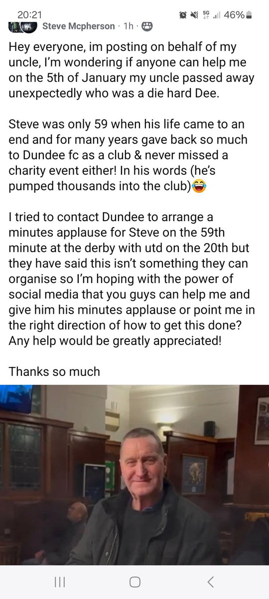 *Please share if you can*

Calling all <a href="/DundeeFC/">Dundee Football Club</a> and <a href="/dundeeunitedfc/">Dundee United FC</a> fans. 

Sadly Dundee fan Steve passed away at the age of 59 on 5th Jan. He was a diehard fan like most of us and contribute to the club he loved for many years. 

His family are looking to have a minutes