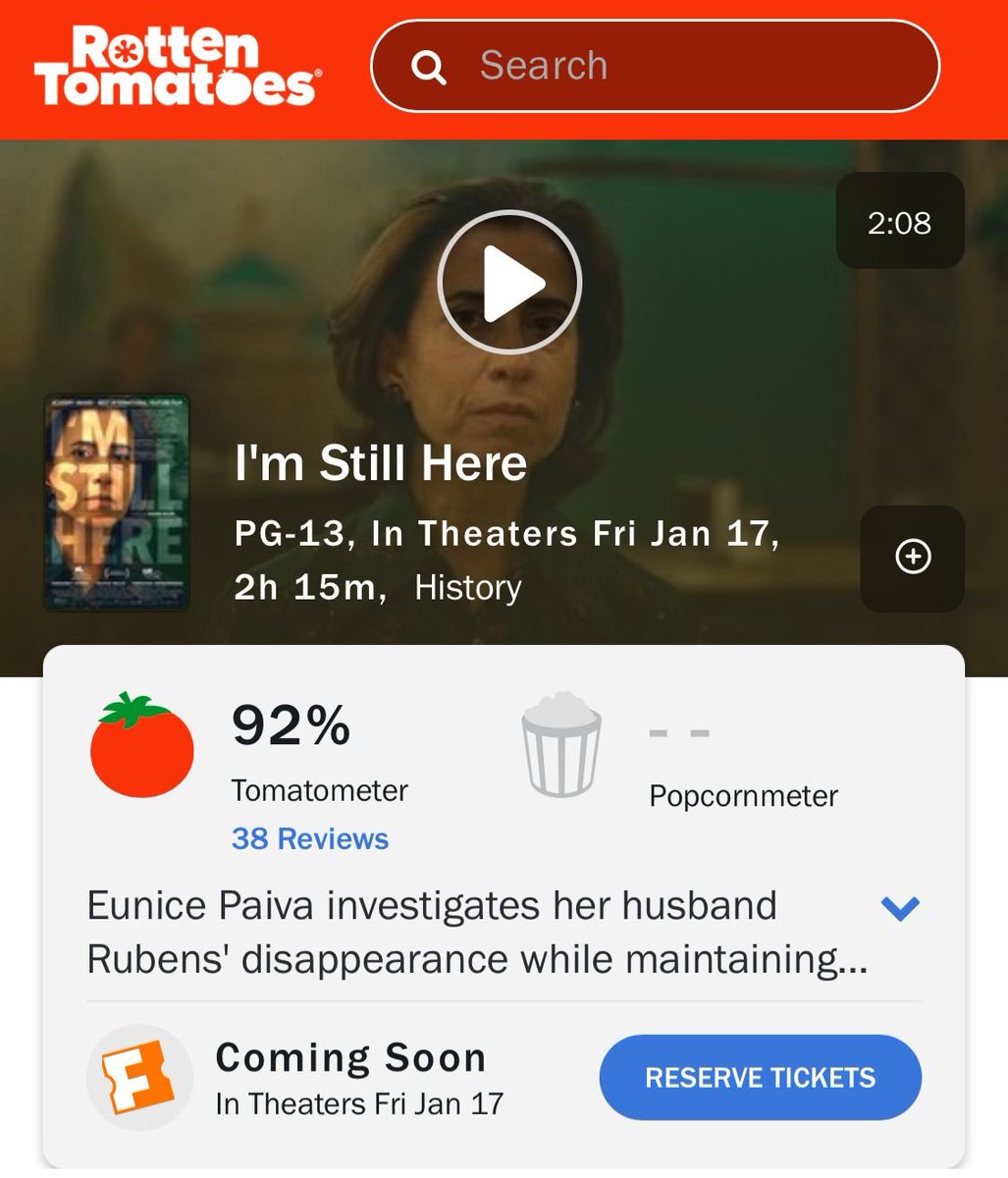 🚨 DISPAROU! Ainda Estou Aqui alcança 92% de aprovação da crítica no Rotten Tomatoes.