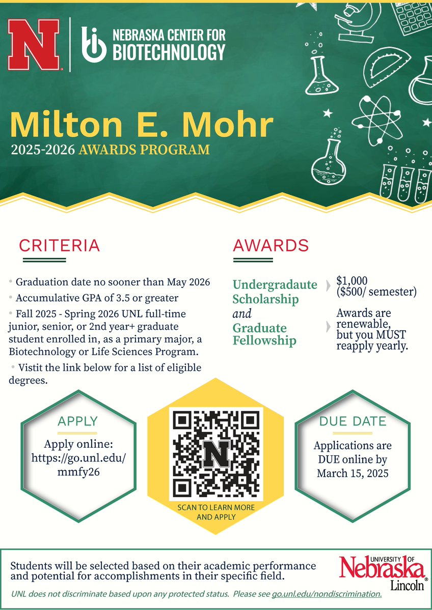 UNL Biotech Center (@biotechunl) on Twitter photo ‼️Attention <a href="/UNLincoln/">University of Nebraska-Lincoln</a> Undergraduate and Graduate Science Students!
The Milton E. Mohr Awards Program is now accepting applications through March 15, 2025! Visit the website to apply and learn more: go.unl.edu/mmfy26
#MiltonEMohr #Award #Apply ‼️Attention <a href="/UNLincoln/">University of Nebraska-Lincoln</a> Undergraduate and Graduate Science Students!
The Milton E. Mohr Awards Program is now accepting applications through March 15, 2025! Visit the website to apply and learn more: go.unl.edu/mmfy26
#MiltonEMohr #Award #Apply