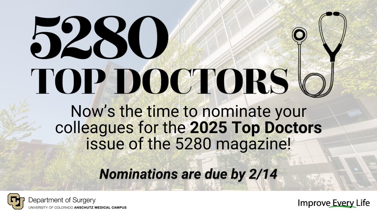 CU Department of Surgery (@cudeptsurg) on Twitter photo It's nomination season for the 2025 Top Doctors issue of the <a href="/5280Magazine/">5280 Magazine</a>! All licensed MDs and DOs in the Denver metro area can nominate their colleagues now through February 14. For more information, visit their site here: bit.ly/3PDgRrF It's nomination season for the 2025 Top Doctors issue of the <a href="/5280Magazine/">5280 Magazine</a>! All licensed MDs and DOs in the Denver metro area can nominate their colleagues now through February 14. For more information, visit their site here: bit.ly/3PDgRrF