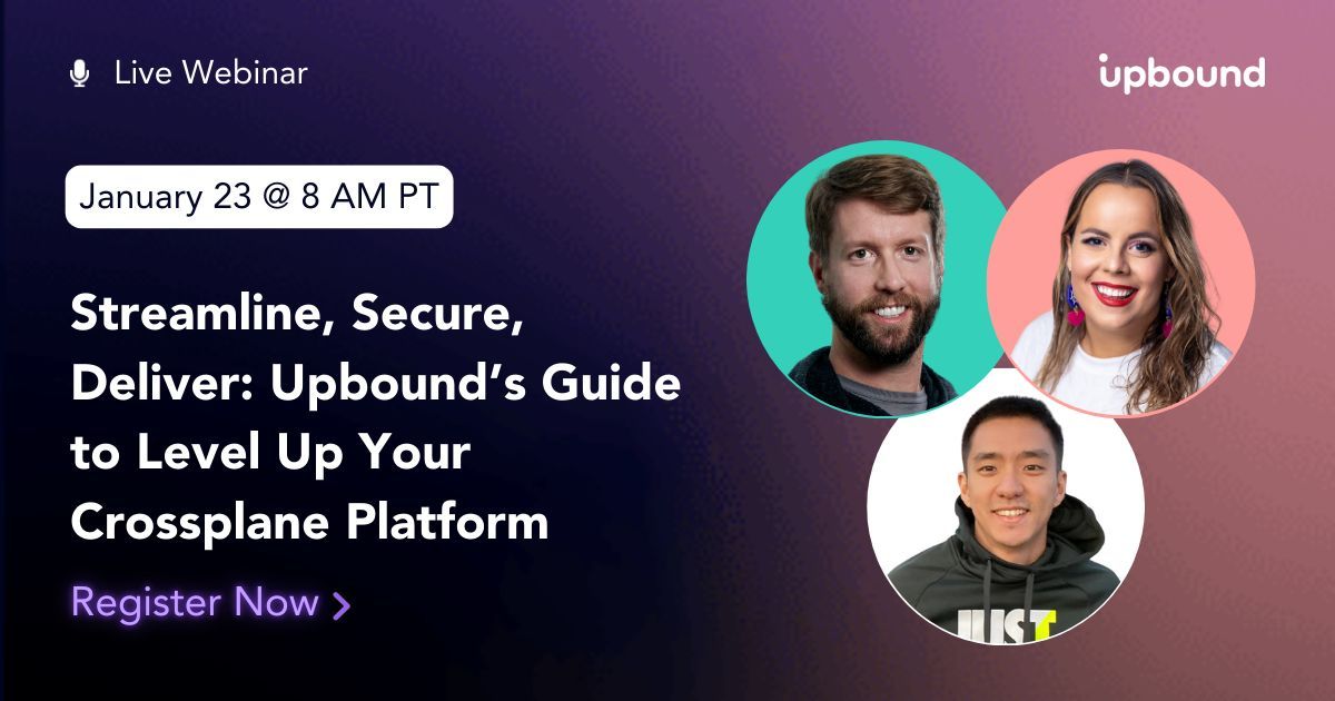 upbound (@upbound_io) on Twitter photo ⏳ Just 1 week until our <a href="/crossplane_io/">crossplane</a>*-focused webinar!*
✅ Build platforms faster w/ **`up`** CLI automation
✅ Secure providers w/ signed images, SBOMs & attestations
✅ Adopt supply chain best practices
📅 Jan 23 | 🕒 8 am PT
🎟️ Save your spot: buff.ly/3BYG5NV ⏳ Just 1 week until our <a href="/crossplane_io/">crossplane</a>*-focused webinar!*
✅ Build platforms faster w/ **`up`** CLI automation
✅ Secure providers w/ signed images, SBOMs & attestations
✅ Adopt supply chain best practices
📅 Jan 23 | 🕒 8 am PT
🎟️ Save your spot: buff.ly/3BYG5NV