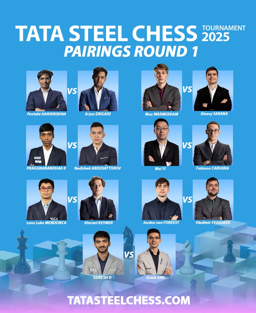 The pairings of the Tata Steel Chess Tournament 2025 has been announced this evening!🤩 We looking forward to an exciting first round 💪

Check the website for all pairings 💻👉 tatasteelchess.com/en