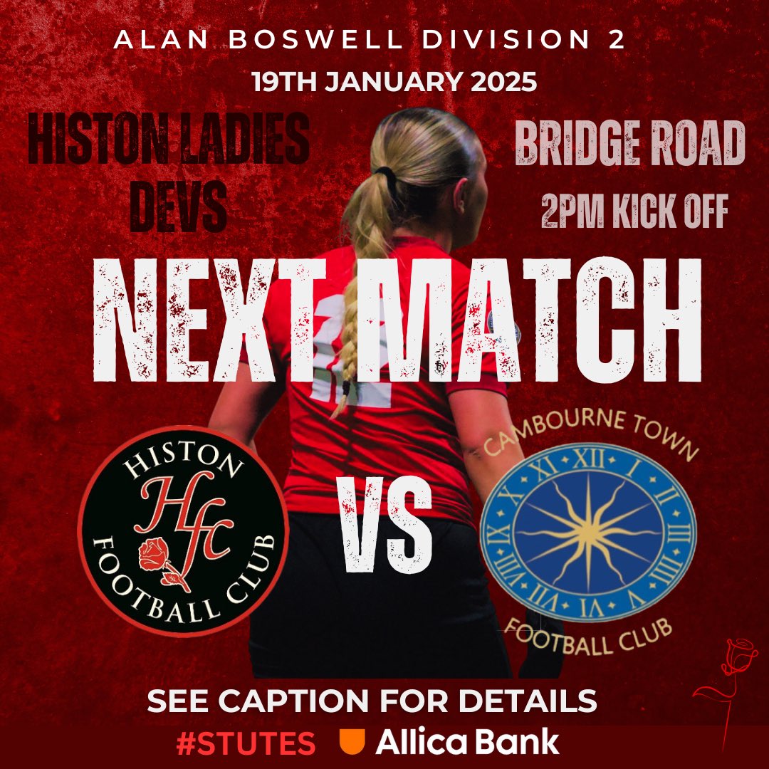 After a break in fixtures, the Devs face cambourne at Home 

🌹 Histon Ladies Devs
🆚 <a href="/CambourneLadies/">Cambourne Ladies</a> 
📅 19/01/25
⚽️ 2pm KO
🏆 <a href="/cambsgwleague/">Cambridgeshire Womens and Girls League</a> - Division 2
🏟️ Bridge Road Stadium, CB24 9PH
🎟️FREE Entry + Bar open ☕️🍻

#stutes 🔴⚫️