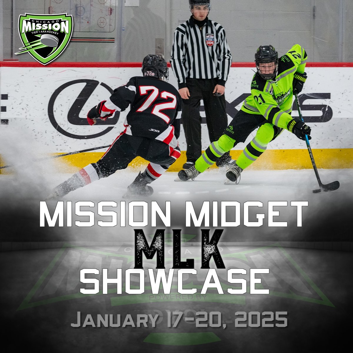 Join us this weekend at Fifth Third Arena for our Midget MLK Showcase weekend.
January 17-20, 2025

Schedules and Resuls can be found on our website @ chicagomission.com/mission-mlk-mi…