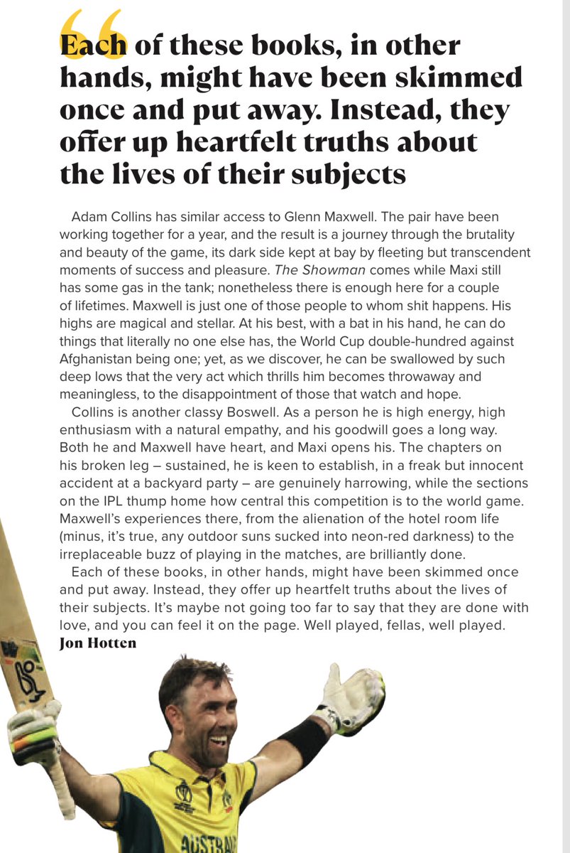 collinsadam's tweet photo. Chuffed with this review of The Showman in the new Wisden Cricket Monthly. As it says, @Gmaxi_32 has a big heart and never resisted in opening it up throughout the writing process. So pleased it has been this well received. Available in all the usual places. ❤️ https://t.co/5Jy8pbVJt3