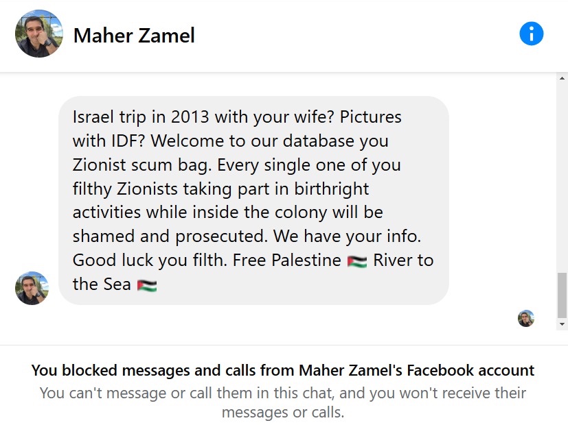 ShaiDavidai's tweet image. A Jewish professor at UCLA received this message from Maher Zamel, a graduate of UPenn (and former chairman of their graduate student association) and previous Deputy School Principal. 

This is not how political differences look.

This is pure, unmitigated hate.