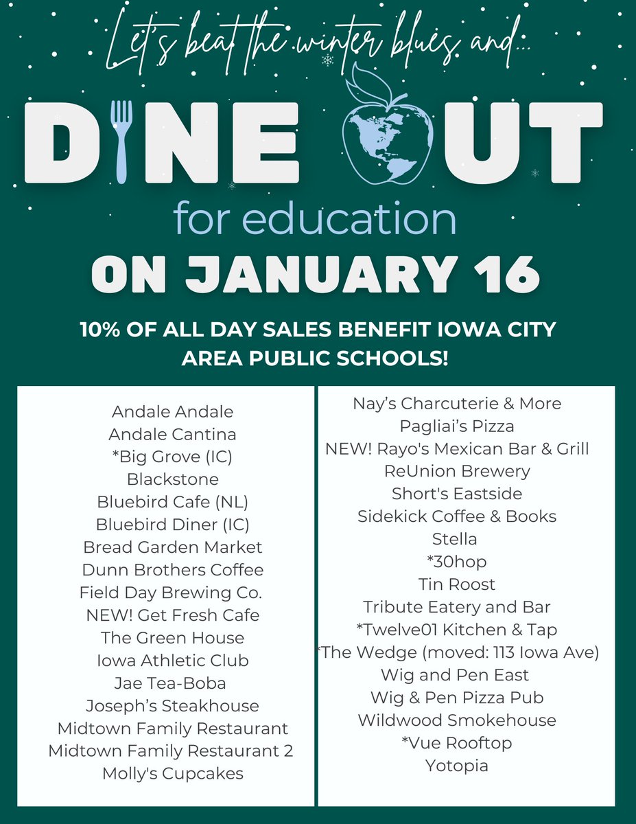 Foundation for ICCSD (@iccsdfoundation) on Twitter photo There's still time today to Dine Out for education and show your support for our schools! Dine out or take it to go with one of our winter Dine Out partners: bit.ly/25dineout! Thanks for supporting our <a href="/IowaCitySchools/">Iowa City Schools</a>! There's still time today to Dine Out for education and show your support for our schools! Dine out or take it to go with one of our winter Dine Out partners: bit.ly/25dineout! Thanks for supporting our <a href="/IowaCitySchools/">Iowa City Schools</a>!