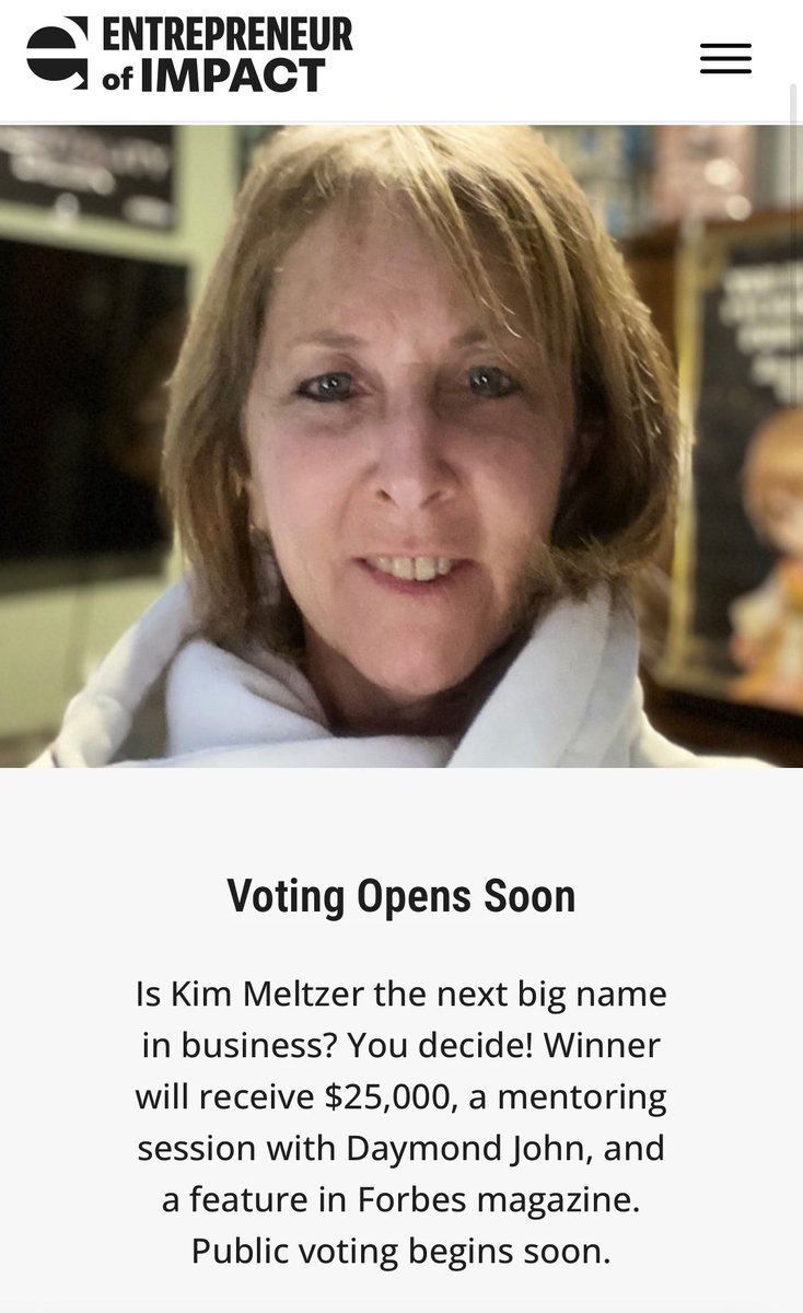 KimAMeltzer's tweet photo. I’m a finalist for the “Entrepreneur  of Impact” competition to fight for $25K, one on one mentorship with @TheSharkDaymond and a write up in @Forbes - it’s all in the votes starting Mon 1/20/25! Help me win by your vote! https://t.co/U0IpsJqcvG https://t.co/fNGEukTaFI