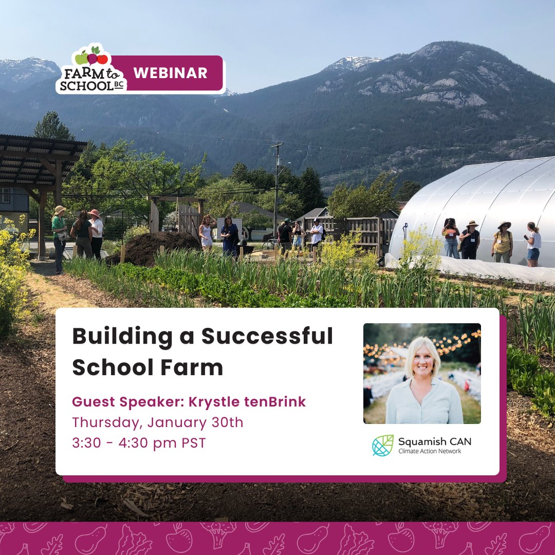 Farm to School BC (@farmtoschoolbc) on Twitter photo 🌱 F2SBC Webinar: Building a Successful School Farm with Krystle tenBrink (<a href="/SquamishCAN/">Squamish CAN</a>)
📅 Jan 30, 2024 | 3:30–4:30 PM | Zoom
✨Register now: ow.ly/oG7n50UI406 🌱 F2SBC Webinar: Building a Successful School Farm with Krystle tenBrink (<a href="/SquamishCAN/">Squamish CAN</a>)
📅 Jan 30, 2024 | 3:30–4:30 PM | Zoom
✨Register now: ow.ly/oG7n50UI406