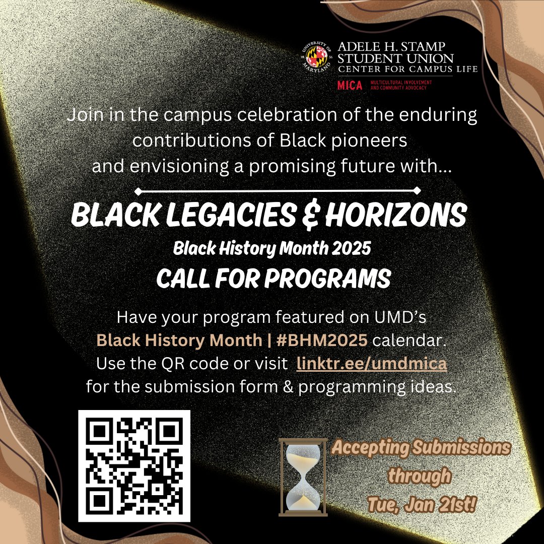 The Office of Diversity and Inclusion at UMD (@diverseterps) on Twitter photo Have your program featured on UMD's Black History Month calendar! Submissions are due Tuesday, Jan. 21 (next week) so visit linktr.ee/umdmica today for <a href="/umdmica/">U of MD MICA</a>'s submission form and programming ideas. #BHM2025 Have your program featured on UMD's Black History Month calendar! Submissions are due Tuesday, Jan. 21 (next week) so visit linktr.ee/umdmica today for <a href="/umdmica/">U of MD MICA</a>'s submission form and programming ideas. #BHM2025