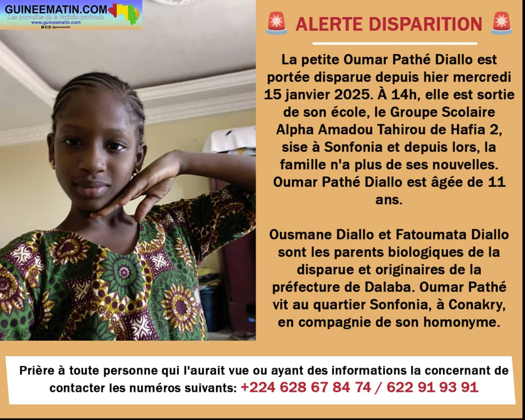 Guineematin's tweet photo. 🚨 Alerte disparition 

Prière de partager pour nous aider à retrouver cette petite fille. https://t.co/RTmu1Ynofy