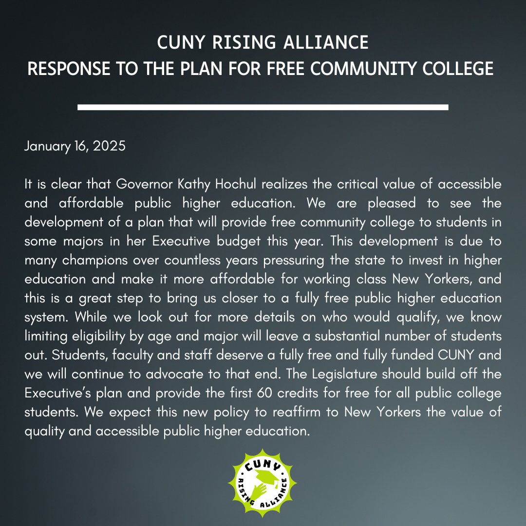 CUNYRising's tweet image. CUNY Rising Alliance Response to the plan for Free Community College

Read our statement here: cunyrisingalliance.org/newsandupdates