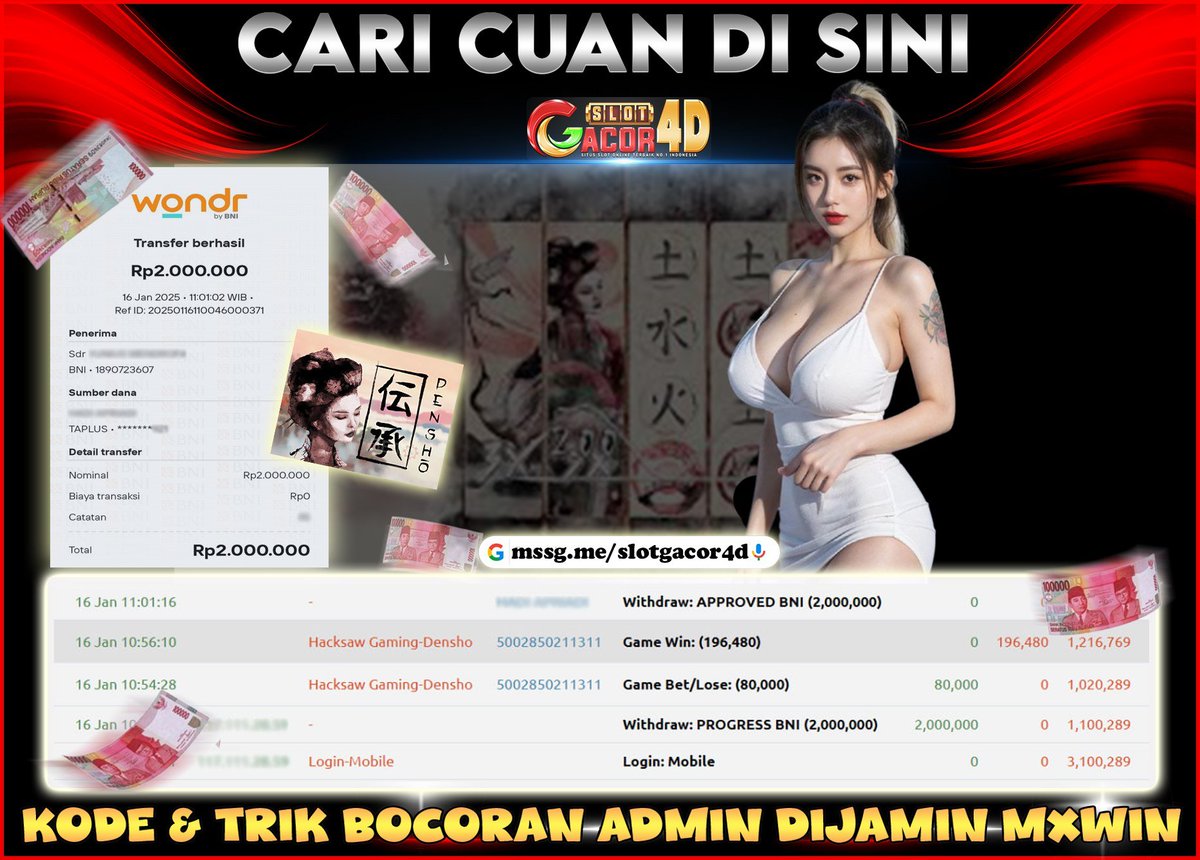 Slotgacor4dcom's tweet photo. BUKTI JACKPOT SLOTGACOR4D BOSKU NYATA YA https://t.co/UFSsYrNn4f