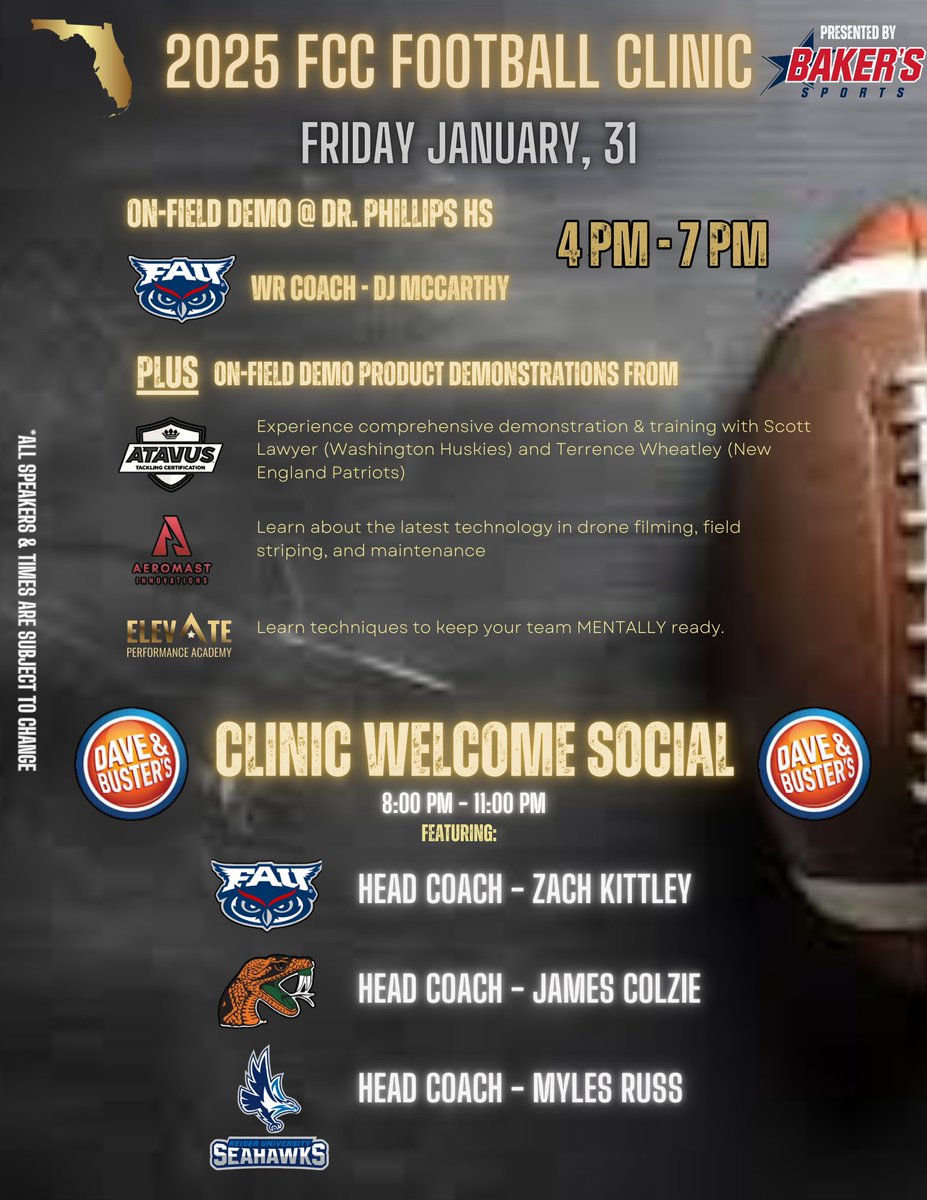 PayFLCoaches's tweet photo. 🚨🚨🚨

THE SCHEDULE IS HERE for the 2025 Florida Coaches Football Clinic PRESENTED BY @BakersSports 

The lineup is stacked with #Florida D1 Programs, #Florida State Championship Coaches, and some of the most innovative football minds in #Florida.

This clinic is not about a specific brand. This clinic is not about charging coaches money and promising the world to get them through the door. 

This clinic is about celebrating #Florida and our #Florida football coaches.

Our hard-working coaches in Florida should not have to pay for professional development and fellowship. 

There is absolutely NO COST to attend the socials and clinic.

If you have not registered yet, what are you waiting for? Register today at https://t.co/vCYAyJRy6r

Circle January 31 - February 1 on your calendars! See you in Orlando.

#PayFLCoaches

AND YES... there will be GREAT news to share IN PERSON 👀