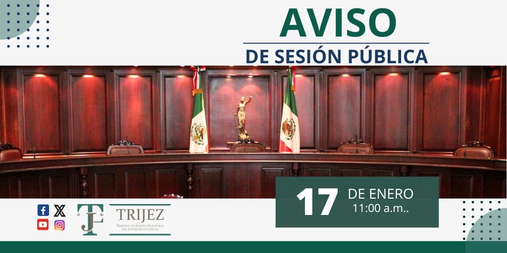 📷 Mañana hay #SesiónPública del Pleno del Tribunal de Justicia Electoral del Estado de Zacatecas.
📷 11:00 a.m.
📷 17 de enero de 2025
Consulta la lista de asuntos en estrados electrónicos:
📷 bit.ly/4gVjyAN
Sigue la transmisión en vivo a través de youtube.