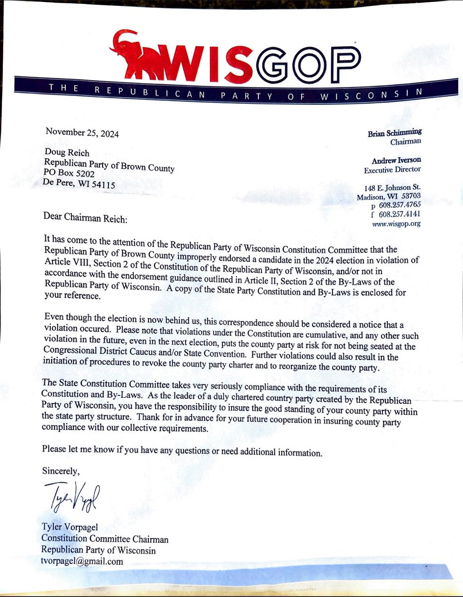 dixonswolfe's tweet photo. Tyler Vorpagel and the @WisGOP Constitution Committee owe @BCWIGOP an explanation. Their baseless accusation of an improper endorsement is false and a blatant attempt to intimidate our local party.

Suggesting consequences like revoking our charter is unacceptable. Where is the evidence? Why target a county party fighting tirelessly for conservative values?

We won’t stand by while grassroots efforts are undermined by false claims. We demand transparency, evidence, and an apology-immediately. @BCWIGOP will keep fighting for our values. 

#GOP