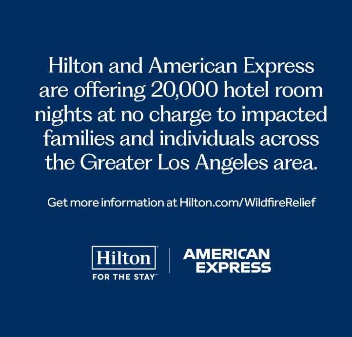 Hilton and @americanexpress are deeply committed to helping those impacted by the wildfires. We’ve teamed up to make 20,000 hotel room nights available, at no charge, to impacted families hil.tn/z49e7k