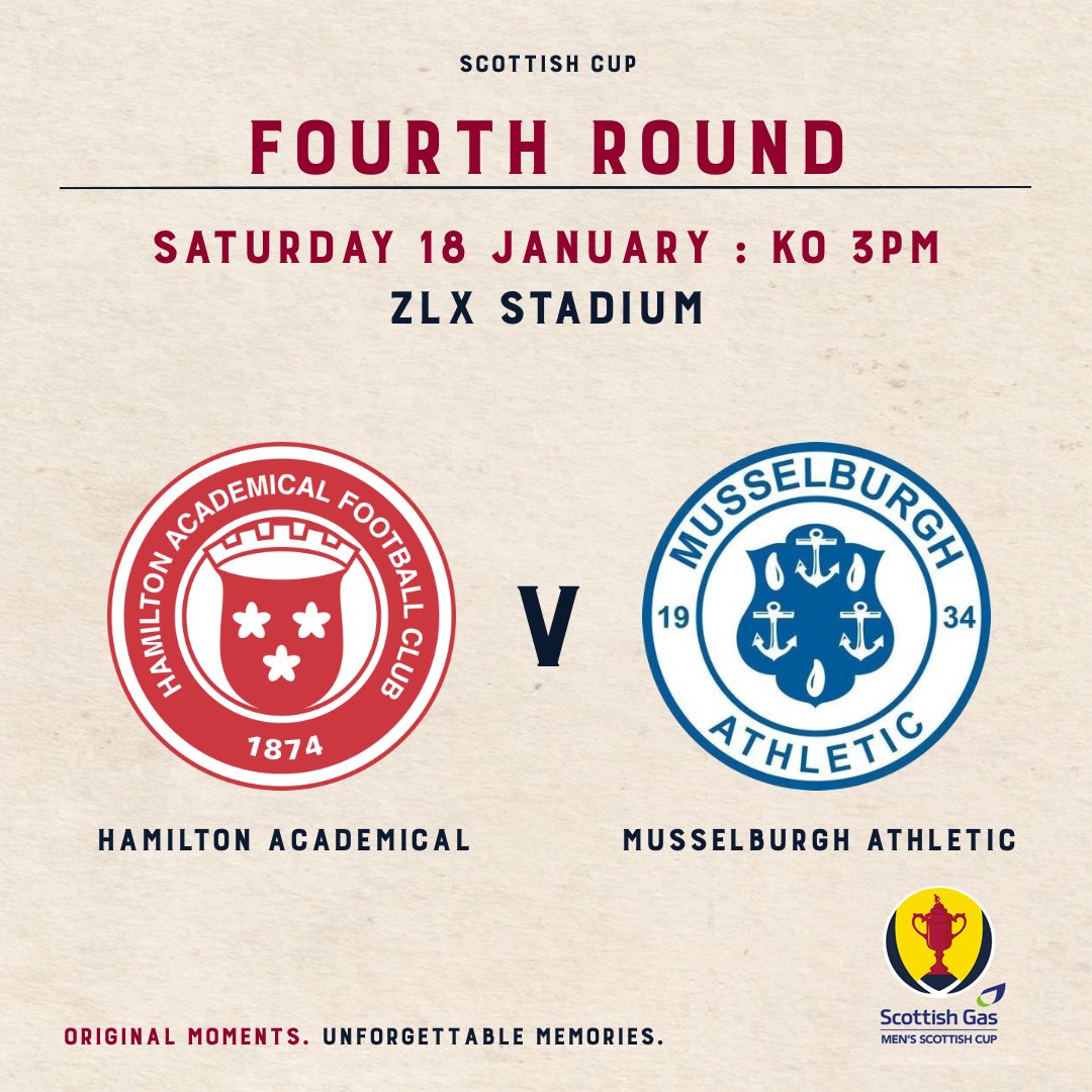 MusselburghAth's tweet photo. SATURDAY’S MATCH

Without a doubt, the biggest match in the club’s senior history.

📆 18/01/25
🆚 Hamilton Academical
🏆 Scottish Cup Fourth Round
🕒 15:00
📍 New Douglas Park

🎟 £20/£10 
📱 E-Tickets available on FanBase
💰 CASH ONLY at Turnstiles https://t.co/bg7qkvMzw2