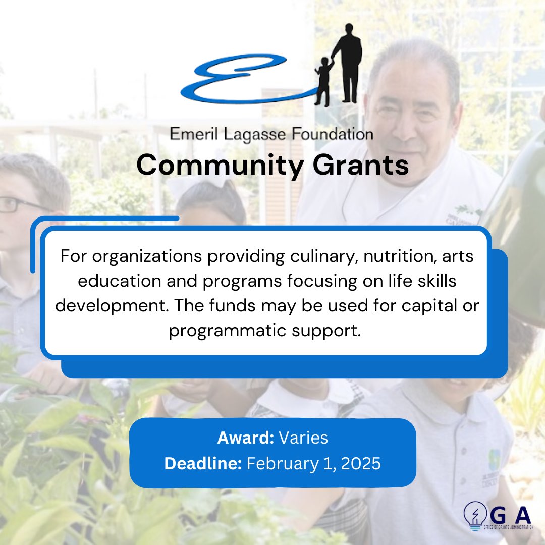 Dadegetsgrants's tweet photo. ‼️GRANT OPPORTUNITY‼️ 

The Emeril Lagasse Foundation is awarding organizations providing culinary, nutrition, arts education and programs focusing on life skills development. The deadline to apply is February 1, 2025.

🔗Link in our bio to apply! https://t.co/ydP4DMgNBq
