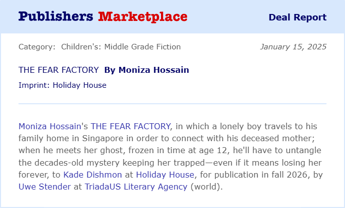 Congratulations to <a href="/moniza_hossain/">Moniza Hossain</a> on the sale of THE FEAR FACTORY! #TeamTriada