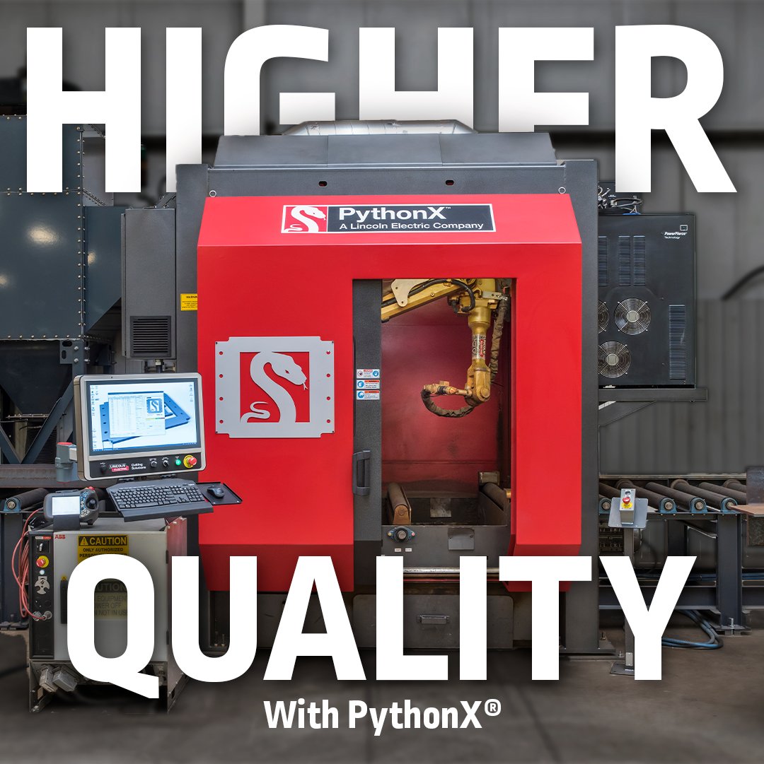 PythonXrobot's tweet image. Embrace higher quality with PythonX® Systems from Lincoln Electric®, the trusted international name in robotic fabrication. Using automation tech, PythonX delivers versatile & complete solutions that provide increased productivity, consistent throughput & unmatched cut quality⚡