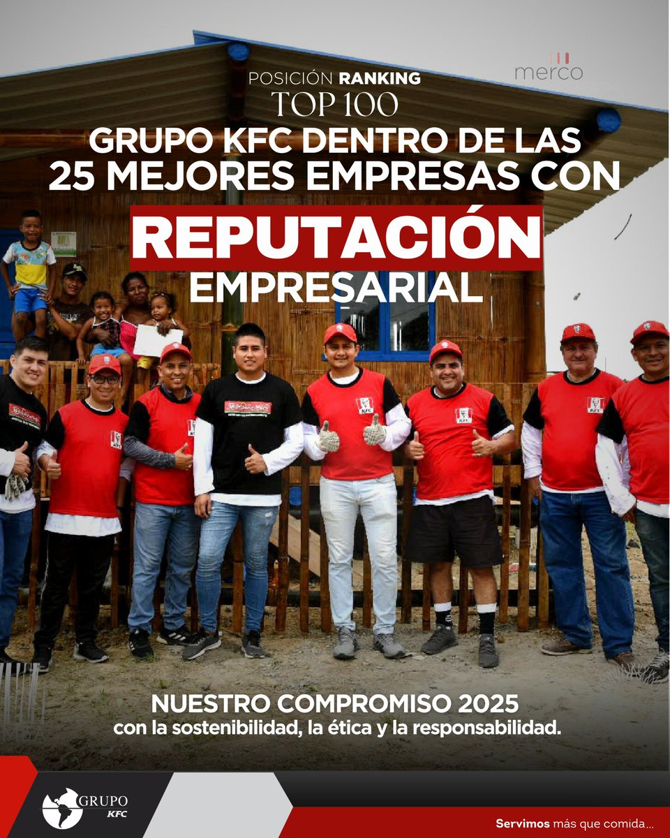 GrupoKfcEcuador's tweet photo. ¡Estamos dentro de los 25 mejores puestos en el Top 100 de empresas con mejor reputación en Ecuador! 🇪🇨

Este logro es un reconocimiento a nuestro compromiso con nuestra gente, nuestra sociedad, nuestra comunidad y el ambiente. https://t.co/NFppPgyrY3