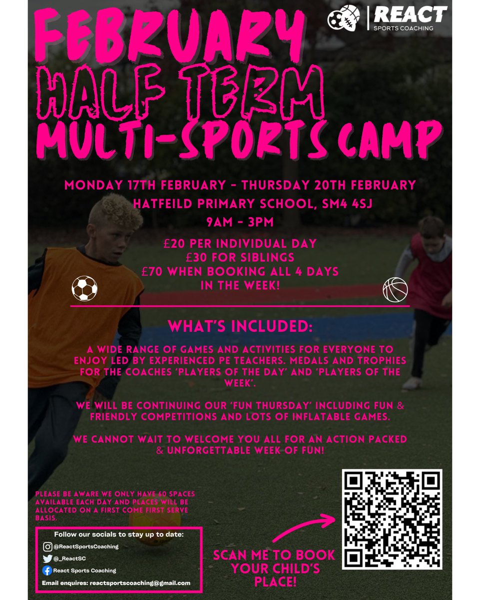 _ReactSC's tweet photo. Bookings are now LIVE for our upcoming February Half Term  sports camp! ✅ 

Our camp is the perfect place for your child to stay active and have fun in a safe and encouraging environment! 

BOOK HERE - https://t.co/Bzpfge82f6 https://t.co/5DQSAWuGCT