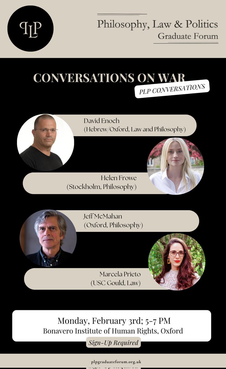 ForumPlp's tweet image. ✨️ Join us in our new PLP Conversations series, where we will be discussing current and relevant topics in philosophy, law and politics. 

First up: Conversations on War, with David Enoch, Helen Frowe, Jeff McMahan and Marcela Prieto. 

(1/2)