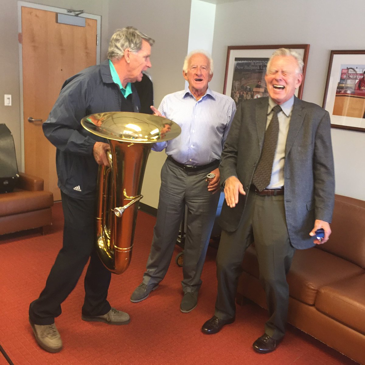 MattPauleyOnAir's tweet photo. I had a cool conversation with @ClaibsOnline reflecting on the life of Bob Uecker. It will air on the “Countdown To Opening Day” show tonight.
Claibs retold the story of Ueck catching fly balls with a tuba. Years later, Mike Shannon, along with Tim McCarver, got a tuba and had Ueck sign it. Claibs shared these photos for me to share with you. 
So fun seeing Shannon, McCarver and Uecker together. 3 legends who are no longer with us.
#Brewers #STLCards @Cardinals @CardsRadioBooth