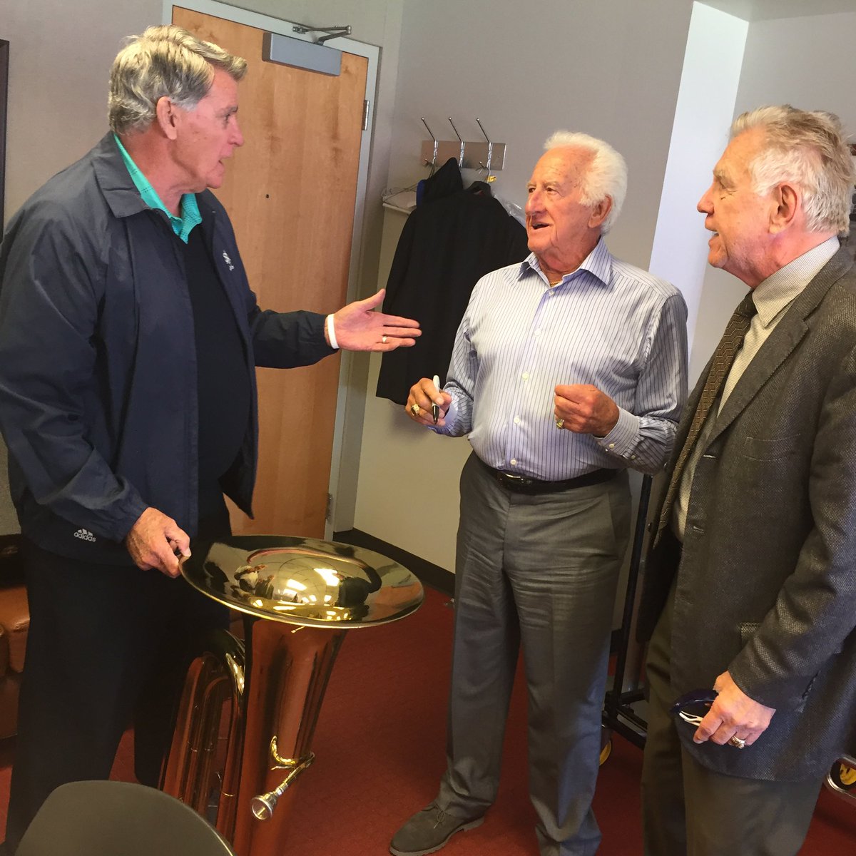 MattPauleyOnAir's tweet photo. I had a cool conversation with @ClaibsOnline reflecting on the life of Bob Uecker. It will air on the “Countdown To Opening Day” show tonight.
Claibs retold the story of Ueck catching fly balls with a tuba. Years later, Mike Shannon, along with Tim McCarver, got a tuba and had Ueck sign it. Claibs shared these photos for me to share with you. 
So fun seeing Shannon, McCarver and Uecker together. 3 legends who are no longer with us.
#Brewers #STLCards @Cardinals @CardsRadioBooth