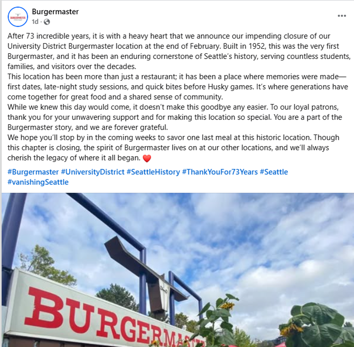 thehoffather's tweet photo. 🧵ANOTHER SEATTLE RESTAURANT CLOSURE

Burgermaster near @UW is closing down after 73 years. However, they aren't closing their other area locations outside of Seattle

Is this another casualty of Seattle's new $20 minimum wage? https://t.co/Z6nX8sRZsK