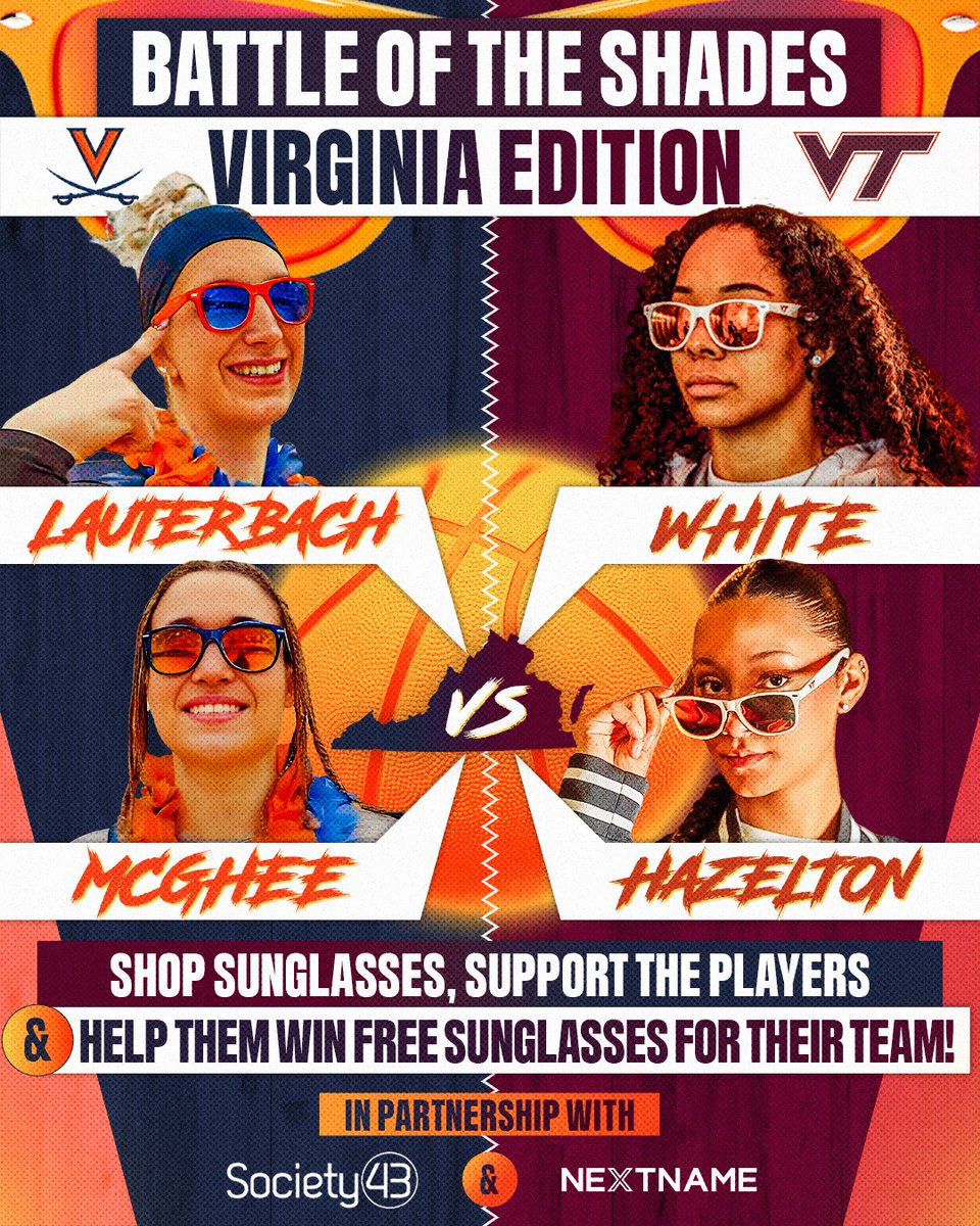 We’re thrilled to partner with <a href="/Society43/">Society43</a> and these incredible Virginia Tech and University of Virginia women’s basketball players for the Battle of the Shades campaign! 🕶️ Support these athletes by grabbing your officially licensed VT or UVA team sunglasses using the links