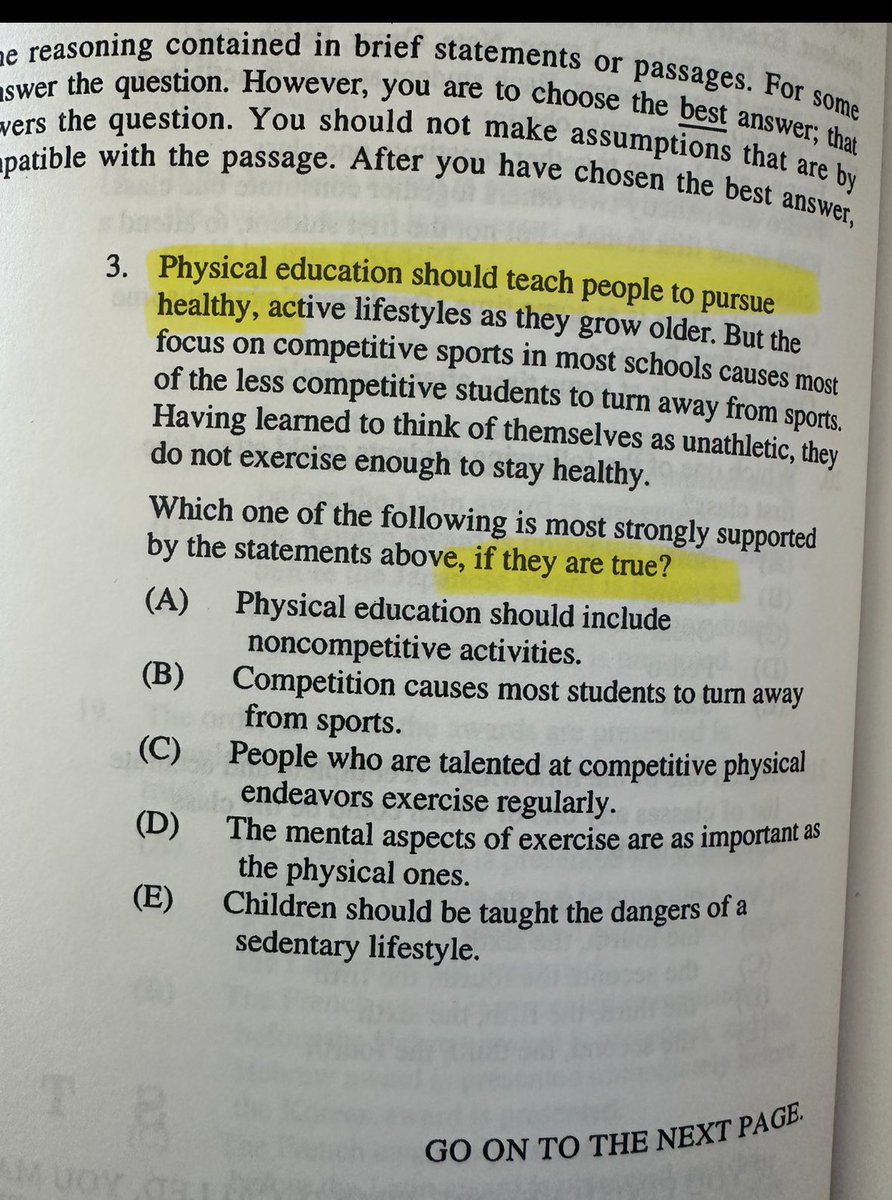 micrubin's tweet photo. @Virky_Dormit @LittleMammith That’s not how reading comprehension works. This isn’t a test to distinguish “opinion” and “fact.” The question asks you to answer it *assuming* that it is true that “PE should teach people to pursue healthy lifestyles.” You HAVE to assume that this value judgment is right. https://t.co/Sw2ecC5BBV