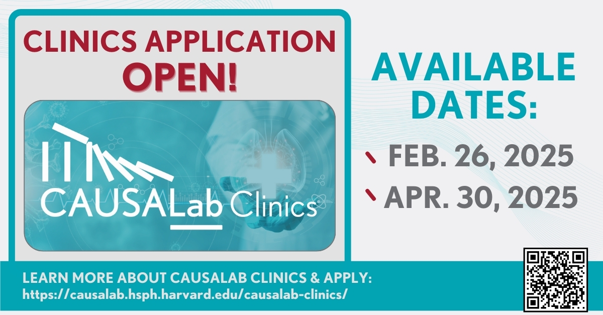 Dates still available for <a href="/CAUSALab/">CAUSALab</a> Clinics!  

Free #causalinference consulting offered to Boston early-career investigators who research comparative effectiveness or safety of health interventions.

📅 Feb 26, 2025
📅 Apr 30, 2025

Learn more &amp; apply: causalab.hsph.harvard.edu/causalab-clini…