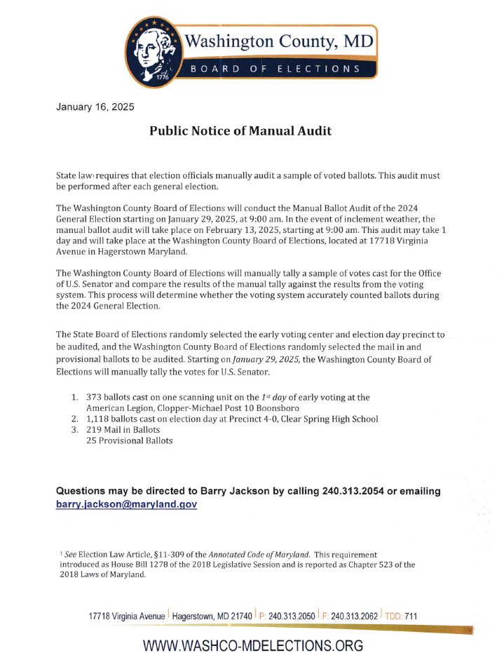 The Washington County Board of Elections will conduct a Manual Ballot Audit of the 2024 General Election on Wednesday, January 29, 2025 at 9:00 am!
washco-mdelections.org
240-313-2050
#MDVOTES