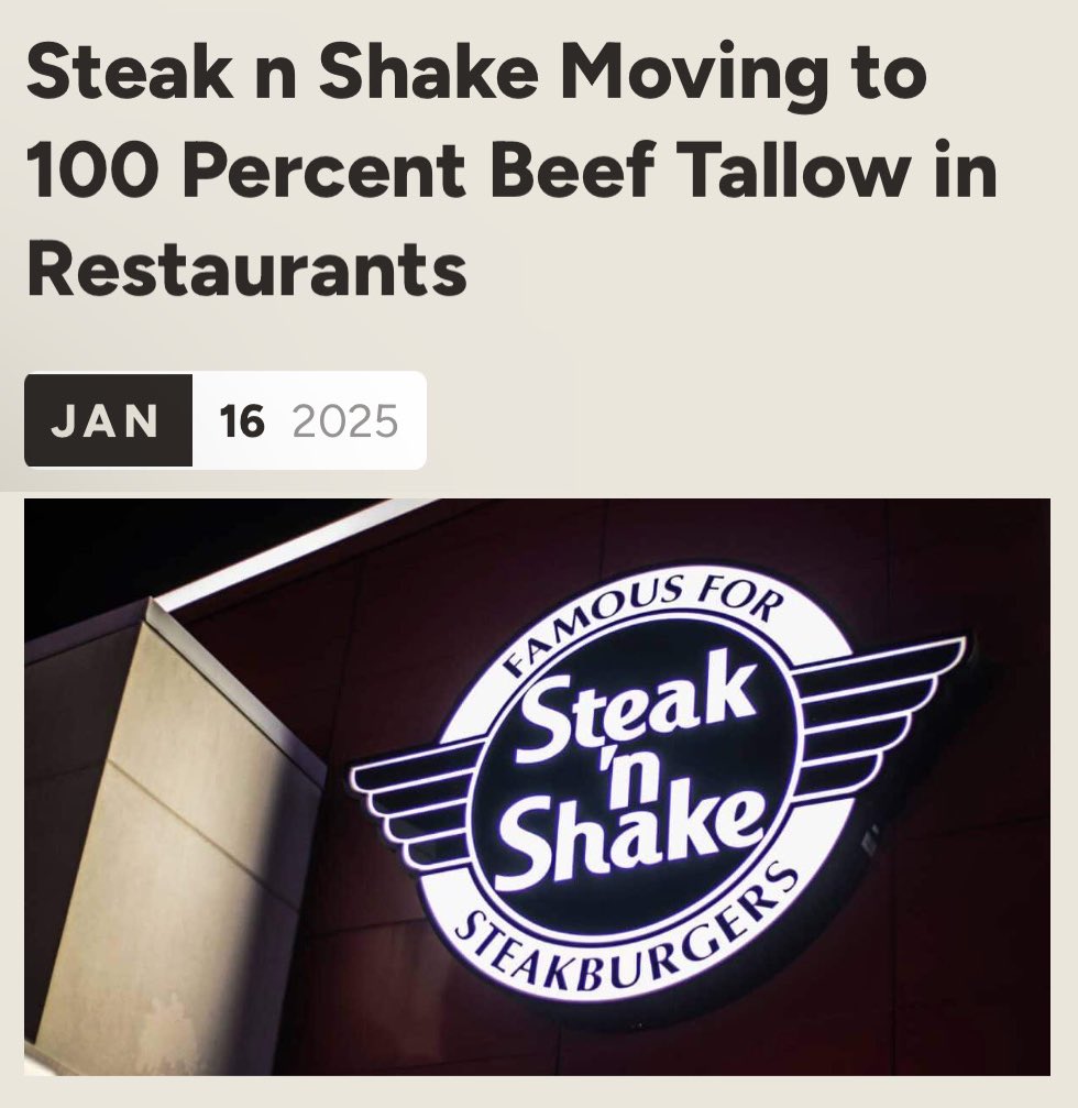 By the end of February 2025, all Steak n Shake locations will use 100% all-natural beef tallow.

Here’s the press release:

Steak n Shake announced today that it is moving forward with the use of 100% all-natural beef tallow in all its restaurants. 

Steak n Shake has long been