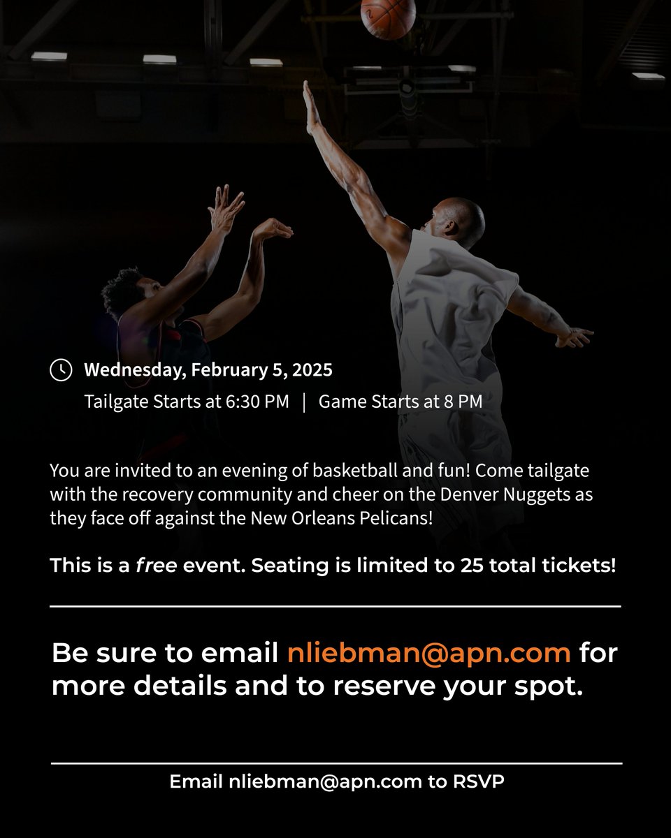 APN IOP and Alumni: we're excited to see you for an evening of basketball and fun in collaboration with Sober AF Entertainment!

#APNsocialclub #denvermentalhealth #denvernuggets #denvertailgate
