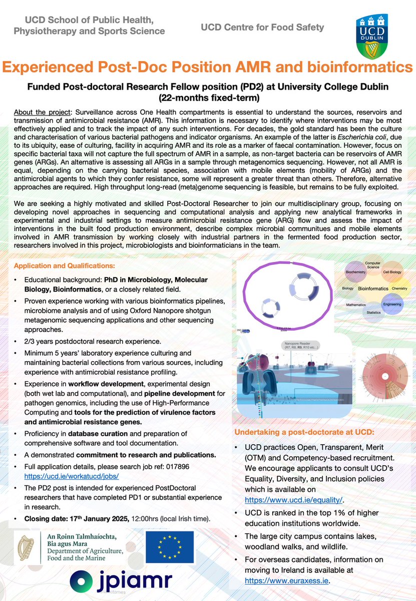 Deadline for the Post-Doc position in AMR and bioinformatics at UCD is tomorrow, 17th January. Join our multidisciplinary team tackling antimicrobial resistance with cutting-edge research. Job ref: 017896 here: ucd.ie/workatucd/jobs/