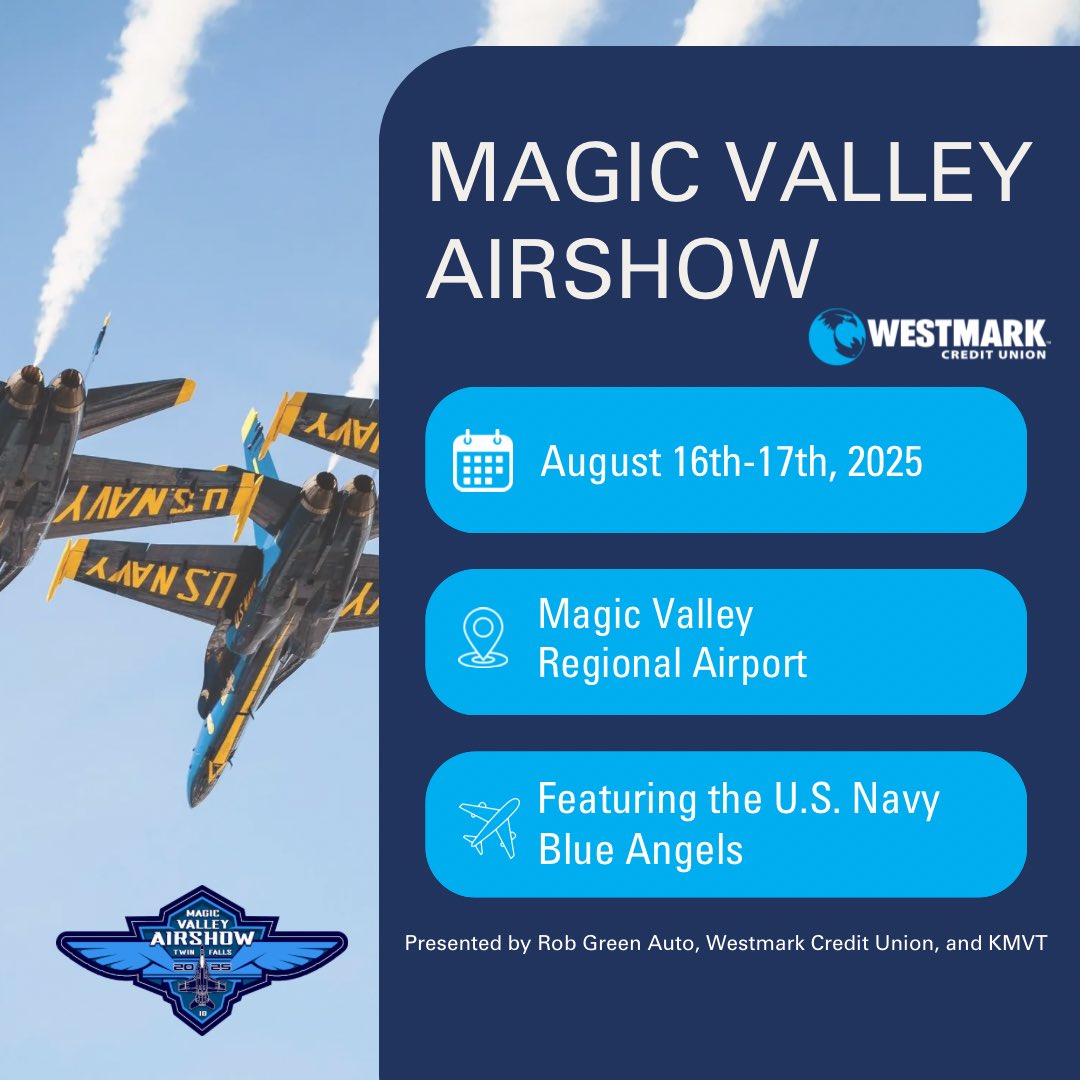 WestmarkCU's tweet photo. In just 7 months, the skies above Magic Valley will come alive with incredible aerial performances and endless family fun!  Presented by Westmark, Rob Green Auto, and KMTV, the Magic Valley Airshow promises an action-packed weekend. 
Tickets:
https://t.co/OOT5ZlSjCh https://t.co/345eW4kYy4