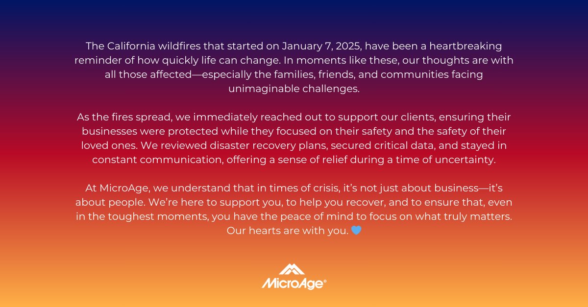 MicroAge's tweet photo. Our hearts are with everyone in California affected by the wildfires. During this challenging time, we stand by you, offering support and strength. Together, we’ll get through this. 💙
#MicroAge #CaliforniaFires #CommunitySupport #MicroAgeCares https://t.co/qSfnLkncvd