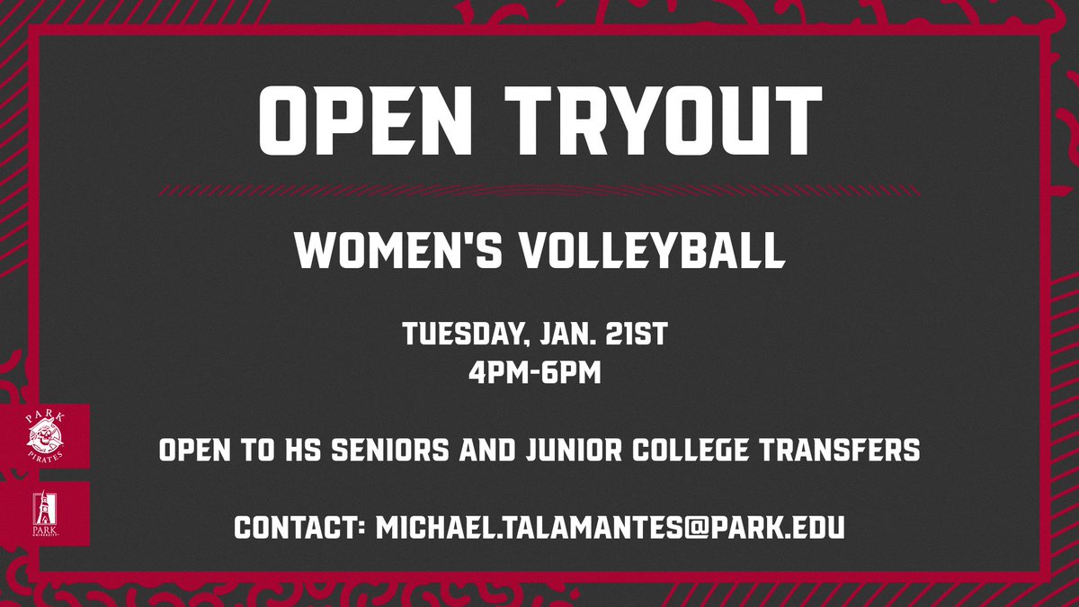 ParkPirates's tweet photo. W🏐, Park is hosting an Open Tryout on Tuesday, January 21st in Breckon Sports Center at 4pm-6pm! The event is open to high school seniors and junior college transfers!
Contact michael.talamantes@park.edu for more information and a waiver for the event 🏴‍☠️ https://t.co/xHAyZhsiLl