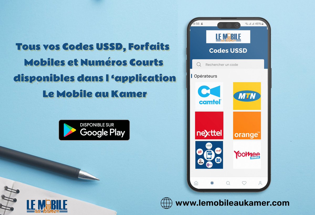 Retouvez vos codes USSD de téléphonie et des services bancaires au Cameroun dans  l'application Le Mobile au Kamer..Disponible sur Google Play.