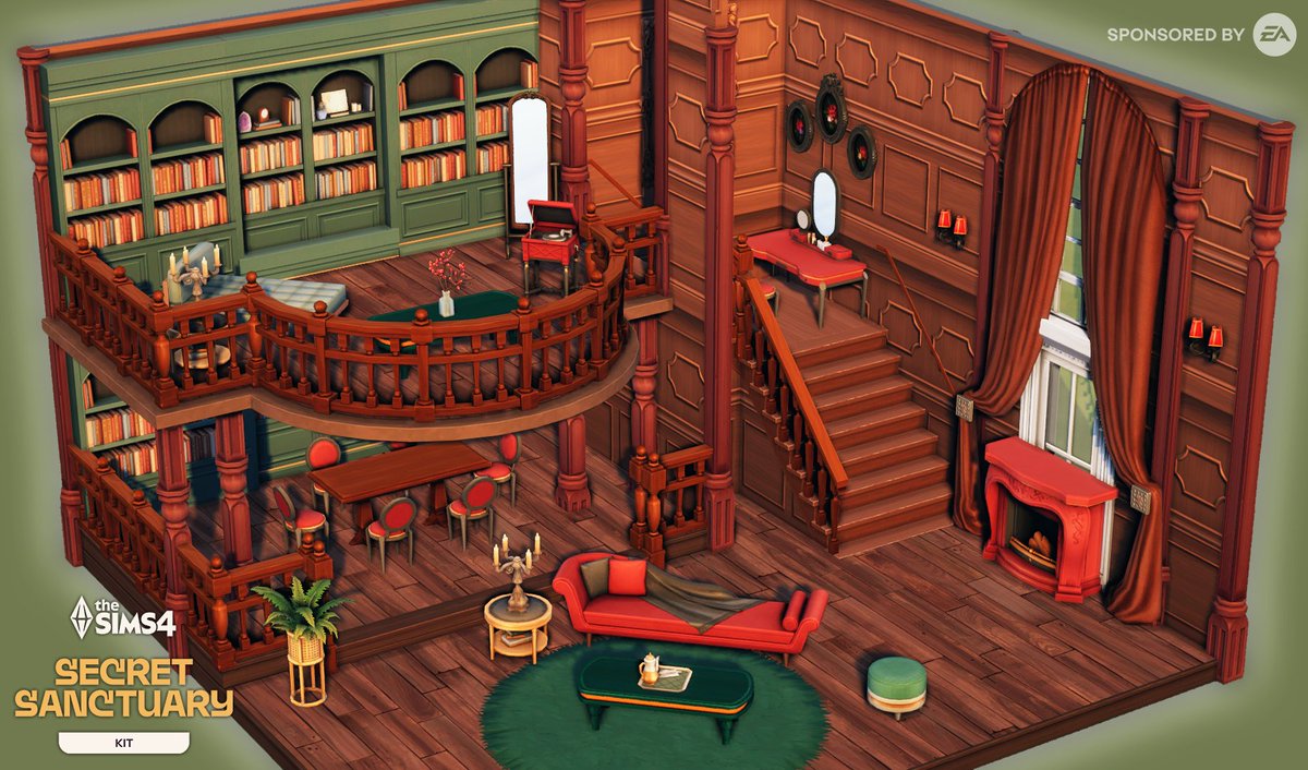 I built a room using the brand-new Sims 4 Secret Sanctuary Kit (plus a few objects from other packs). One of the bookshelves in the back doubles as a door, so you can create secret rooms with this kit! 😍 

#EAPartner #sims4 #thesims4 #sims4build