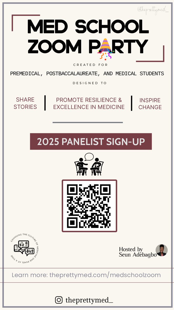 For the past 3-4 years, I’ve hosted the Med School Zoom Party, a panel series designed to inspire and empower students (at all levels of training). Looking for med students &amp; residents interested in being panelists for the 2025 panel sessions.
Learn more: 
theprettymed.com/medschoolzoom