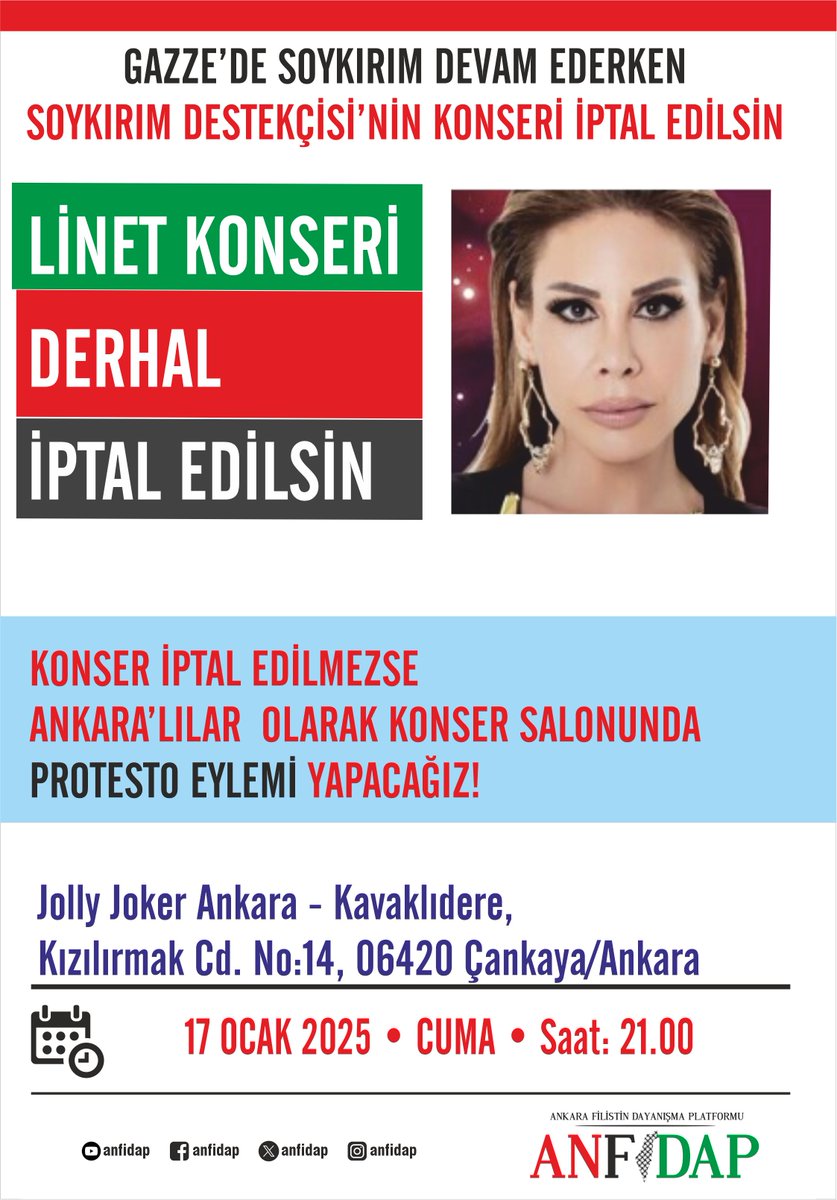 İsrail ordusunda askerlik yapan ve Gazze'deki soykırımı destekleyen "Linet Menaşi" isimli kişi bugün (17 Ocak) saat 21.00, Jolly Joker Ankara'da konser verecektir.   Ankara Filistin Dayanışma Platformu olarak soykırımın ve soykırıma destek verenlerin karşısındayız.   Söz konusu