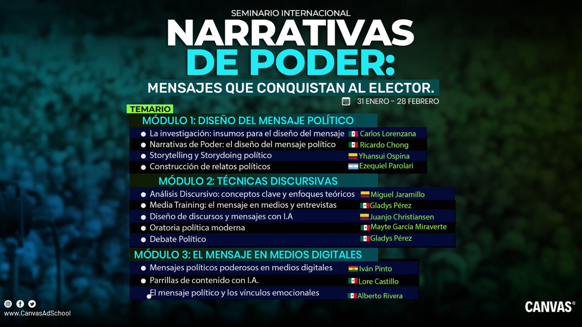 CanvasAdSchool's tweet photo. 👤Los políticos más relevantes son los que tienen un mensaje poderoso e inspirador que llega a la mente y el corazón de las personas. 

🎤No es casualidad que los grandes oradores políticos de la historia sean recordados al día de hoy. El poder de la narrativa en política es inmenso para quienes saben leer el contexto social y comunicarse de manera auténtica, cercana y efectiva con la ciudadanía. 

🗓️Inicio: viernes, 31 enero.
🕧Duración: 40 horas impartidas en 1 mes. 
📱Modalidad: Zoom. 
👥 Harás networking con profesionales de la política de otros países de LatAm.
💼Clases impartidas por reconocidos comunicadores y estrategas políticos. 

¡Conoce el poder de los relatos e historias en la oratoria política!

💬Más información aquí: https://t.co/dJROtHPbcW