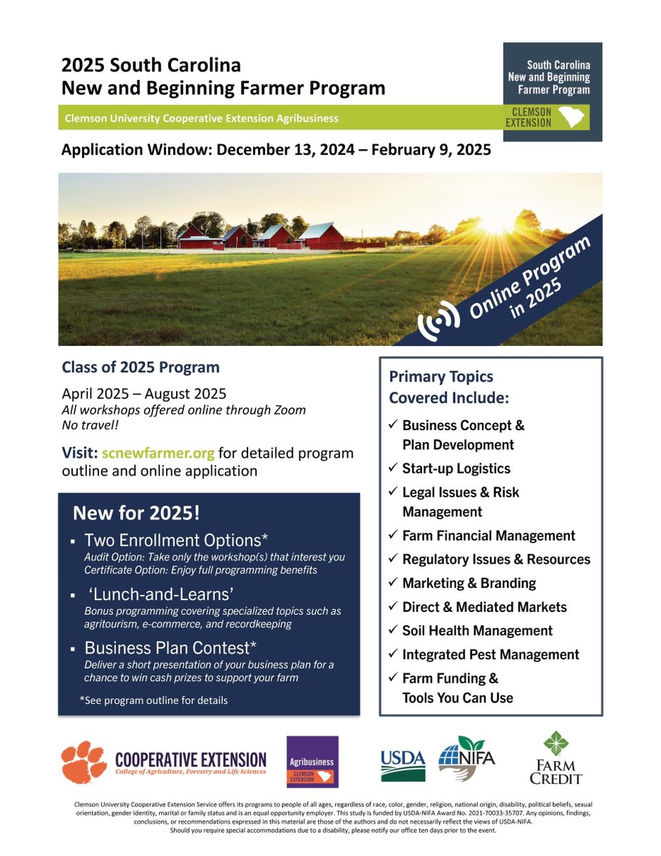 The South Carolina New and Beginning Farmer Program is accepting applications for the 2025 cohort. The deadline to apply is February 9th.