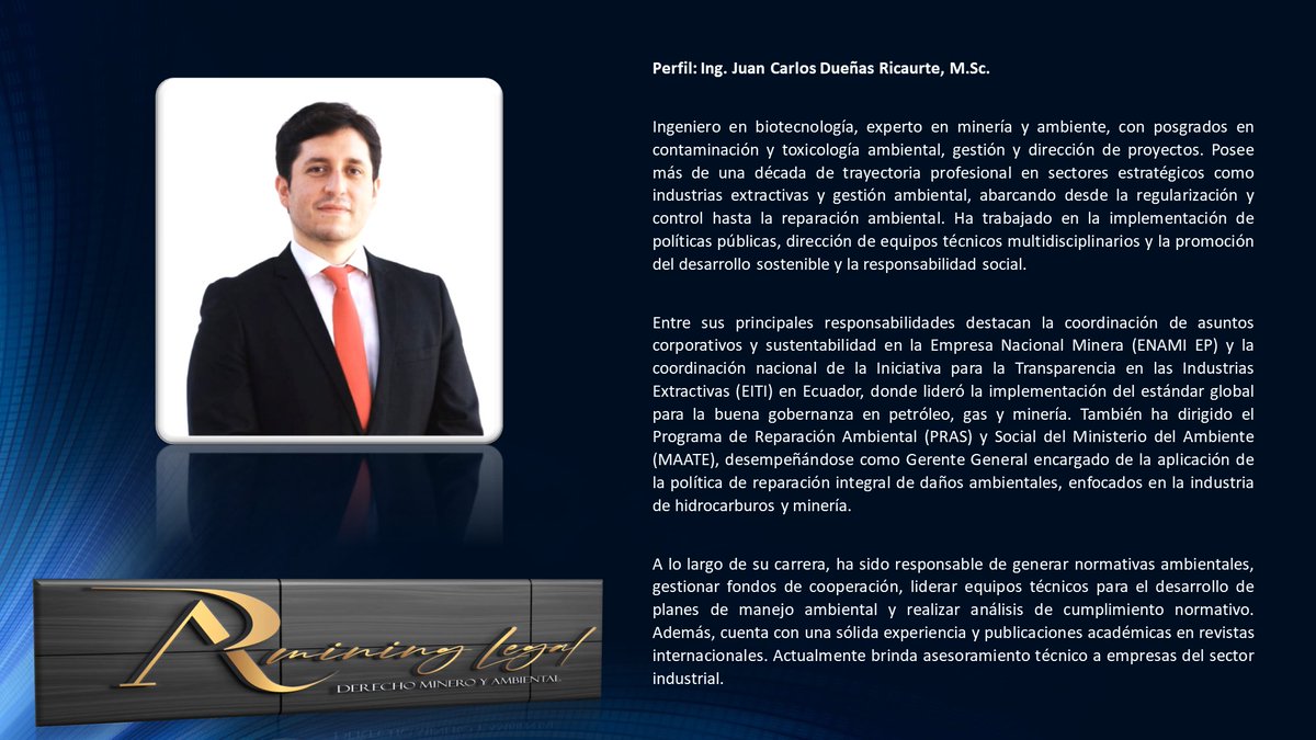 arminingec's tweet image. Presentamos a nuestro socio en la parte técnica ambiental: Juan Carlos Dueñas, ingeniero con 16 años de experiencia profesional.

ARMINIG LEGAL, especialistas en derecho minero y ambiental.

#mineria #Ambiental #mineros
